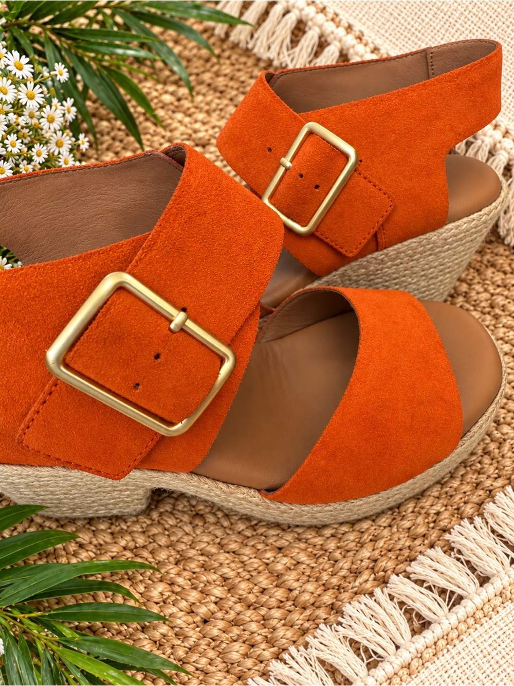 Clarks Kimmei Hi Strap Orange Suede Espadrille Wedge Sandals EUC sz 6 M